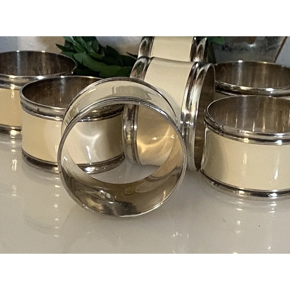 Vintage Set Of‎ 7 Silver Plated And Beige Enamel Napkin Rings Great Quality MCM